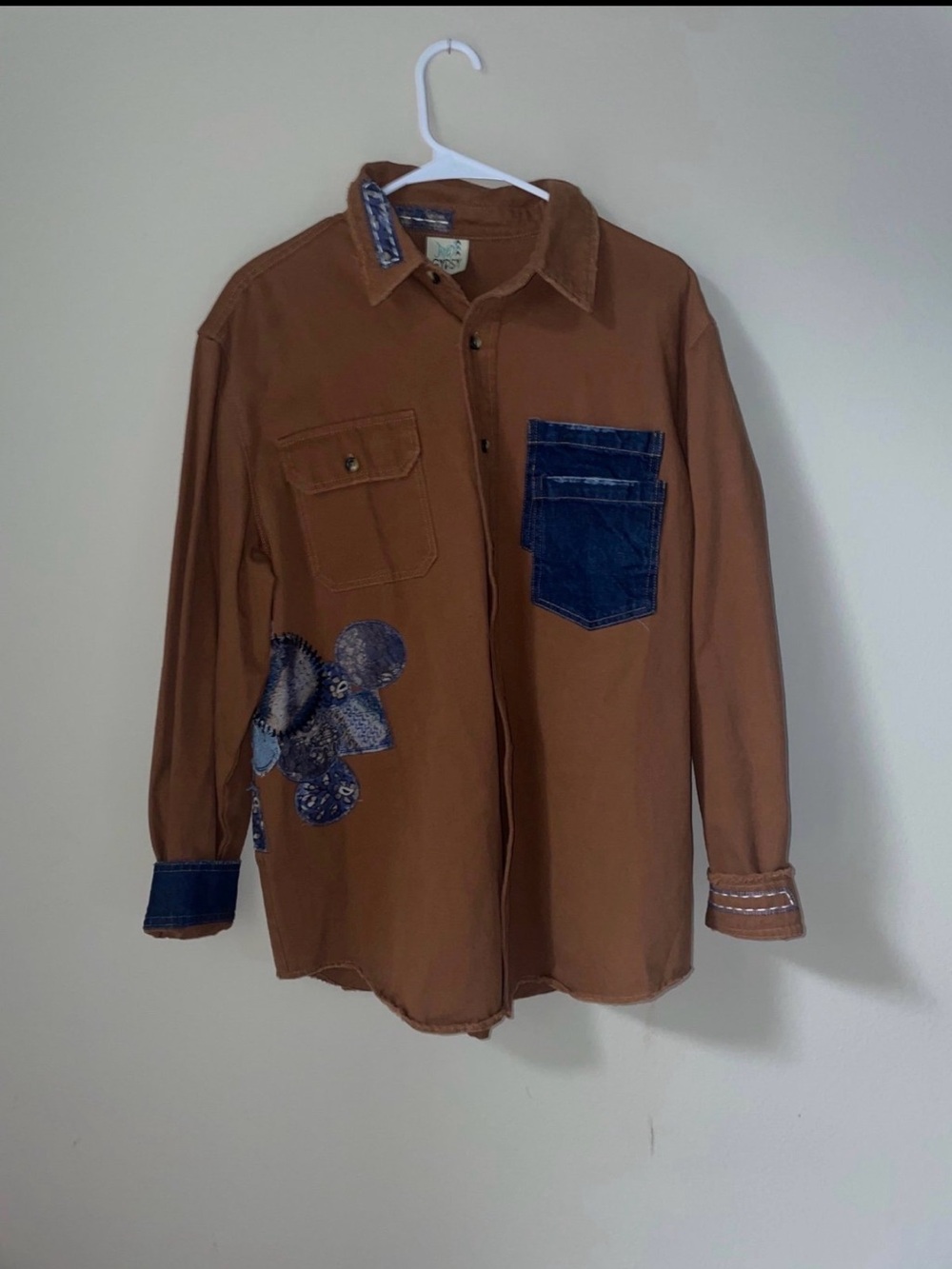 Men's Brown Casual Button-Down Shirt with Denim Pocket and Patch Detail